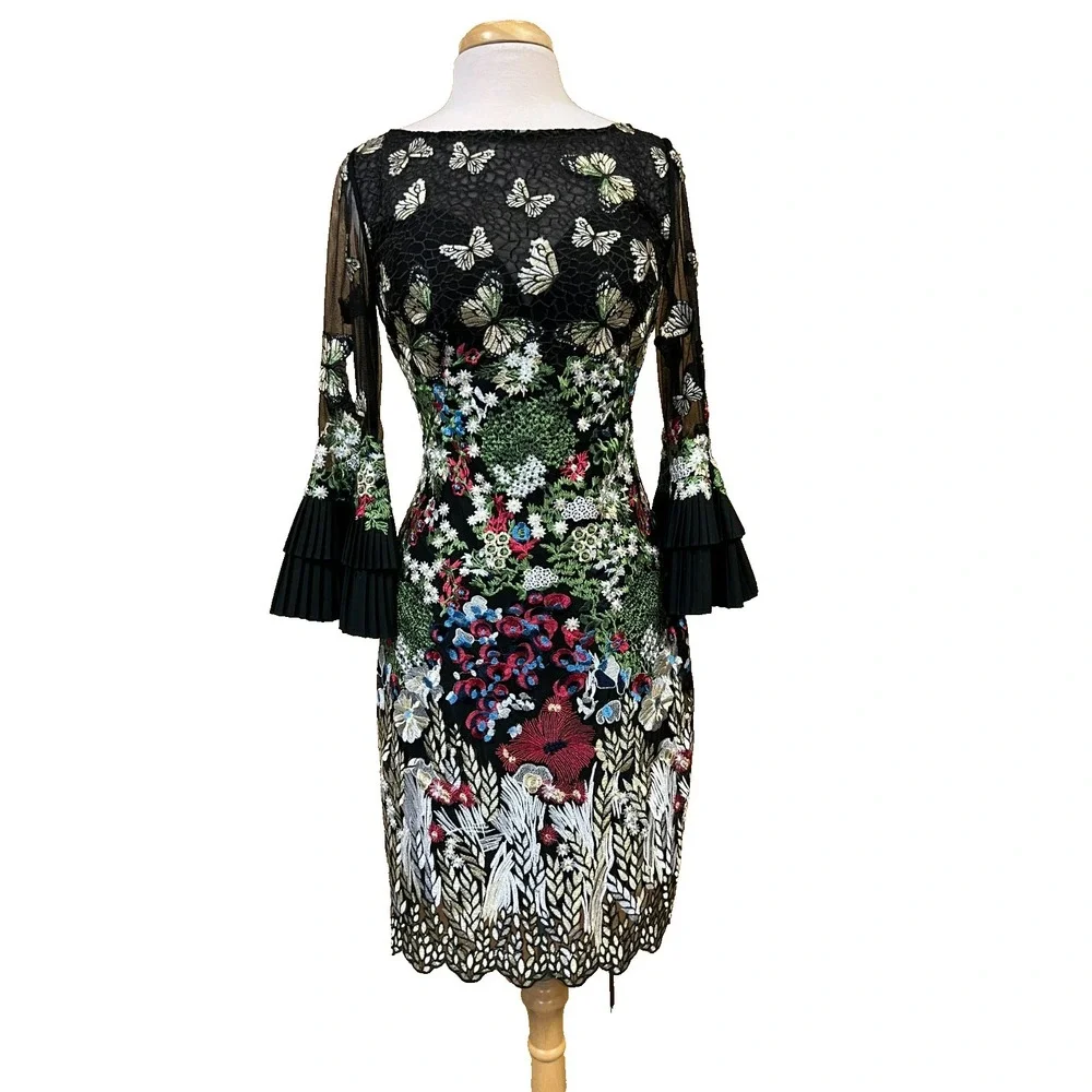 jovani butterfly cocktail dress Jovani Butterfly-Embroidered Lace Trumpet-Sleeve Dress, Women's, 8